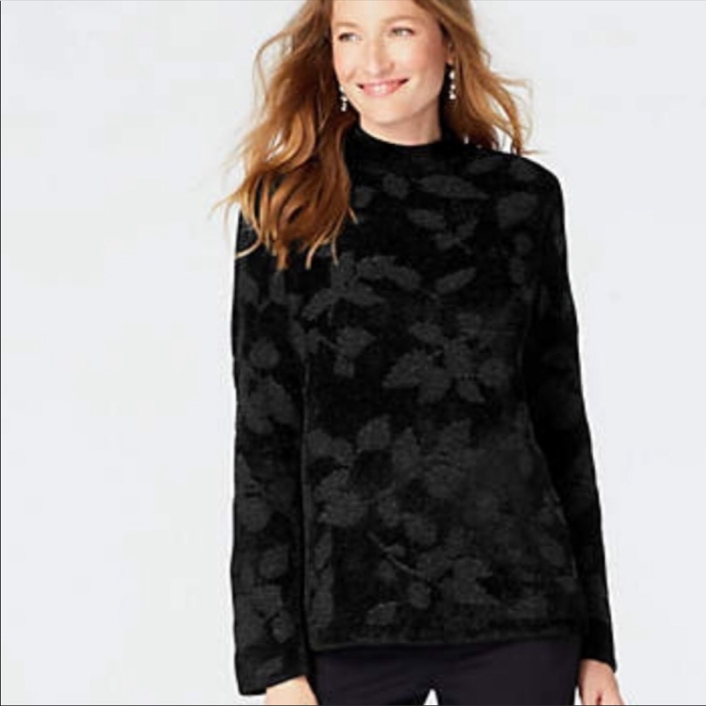 J. Jill Black Leaf Pattern Crew Neck Sweater Medium